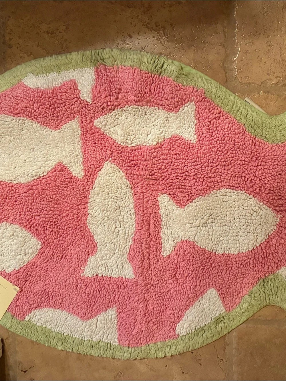 Pottery Barn Kids Pink Fish Bath Mat with White Fish and Green Trim